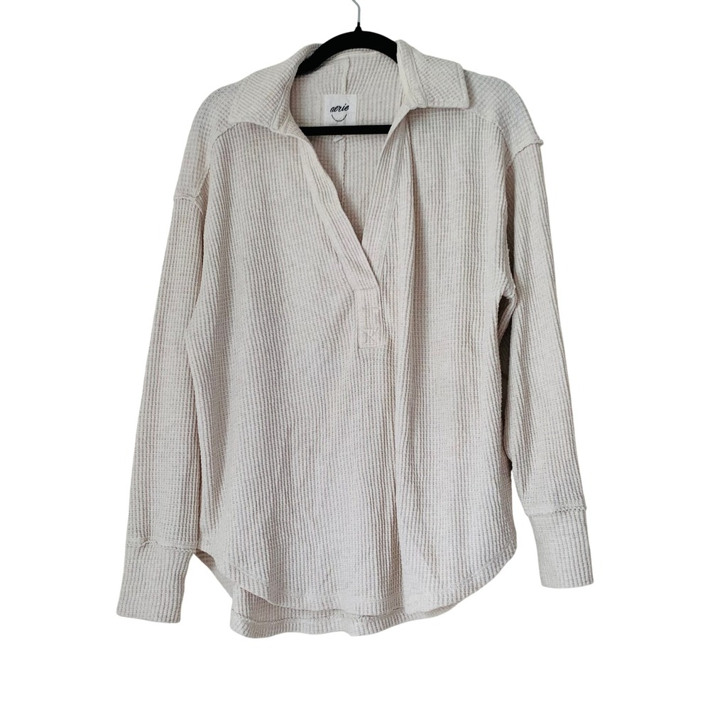 Aerie Waffle Knit Henley Women XS Cream Oversized Coastal Loungewear Thermal Top